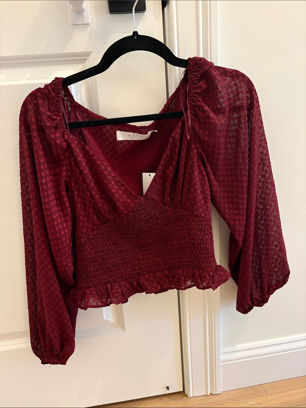 Astr Burgundy Smocked Waist Peasant Top